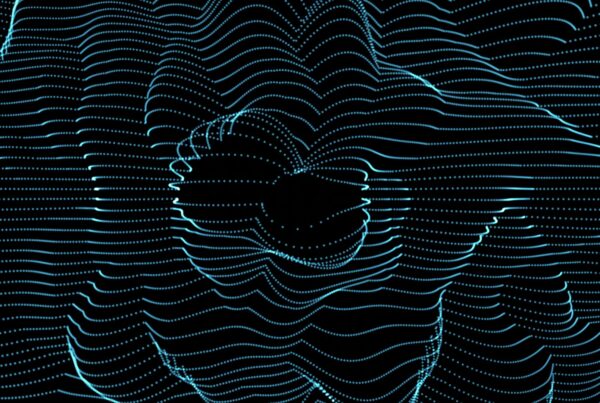 Abstract digital video loop featuring smooth waves of blue lines and dots on a black background, creating a dynamic and futuristic landscape pattern.