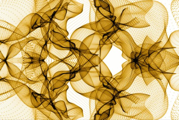 An intricate abstract video loop featuring intertwined golden lines creating symmetrical patterns against a light background, resembling organic shapes such as flowers and leaves.