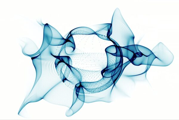 Abstract digital video loop art featuring intricate blue swirls and shapes against a white background, creating a dynamic and ethereal visual effect.