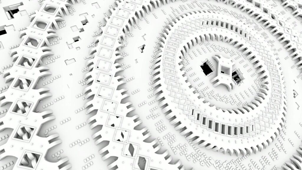 Intricate white 3D abstract video loop featuring concentric geometric patterns with squares and circles, creating a symmetrical and futuristic visual.