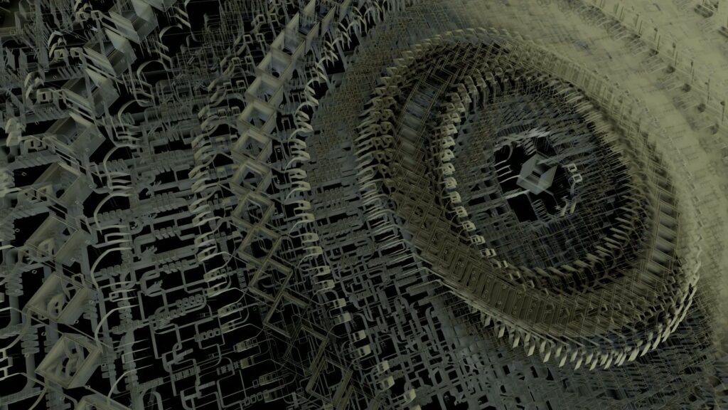 Intricate geometric abstract video loop with metallic interwoven nanotechnology elements forming a spiraling pattern, featuring grid-like shapes and a muted color palette of grays and greens.