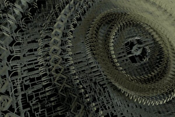 Intricate geometric abstract video loop with metallic interwoven nanotechnology elements forming a spiraling pattern, featuring grid-like shapes and a muted color palette of grays and greens.