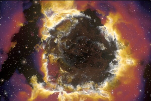 A vibrant 3D animation of a colorful nebula in deep space, with bright yellow, orange, and purple hues surrounding a dark central area, scattered with countless stars.