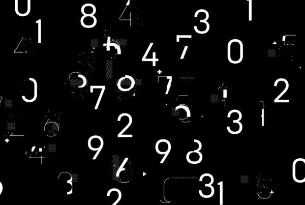 Abstract digital 4K video loop featuring scattered white numbers on a black background with geometric patterns.