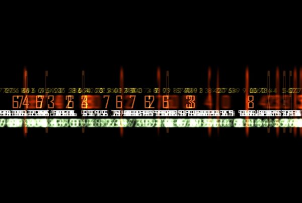 4K video loop of abstract digital numbers in orange, yellow, and green on a black background, creating a futuristic high-tech design.