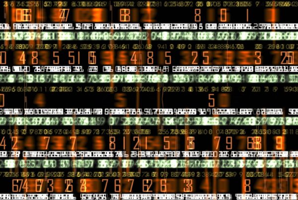 4K video loop of digital numbers on a dark screen displaying a dynamic, high-tech data matrix.
