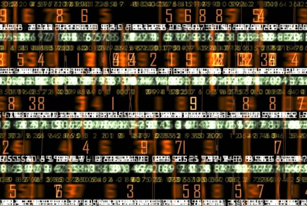 Futuristic digital video loop of numbers in varying colors create a dynamic and high-tech display, suggesting data processing and technological themes.