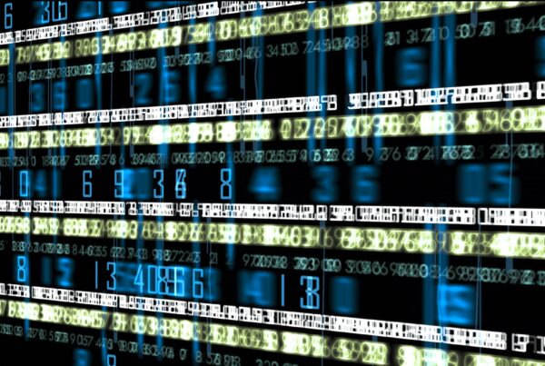 4K video loop of an abstract digital matrix of animating numbers in blue, white, and yellow.