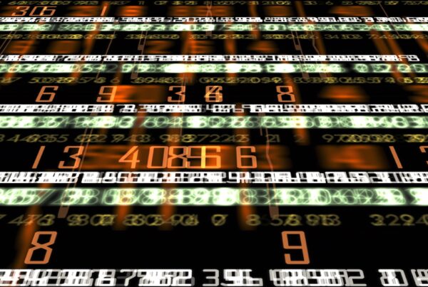 An abstract 4K video loop display of dynamic, layered numbers in vibrant colors, suggesting themes of data flow and digital technology.