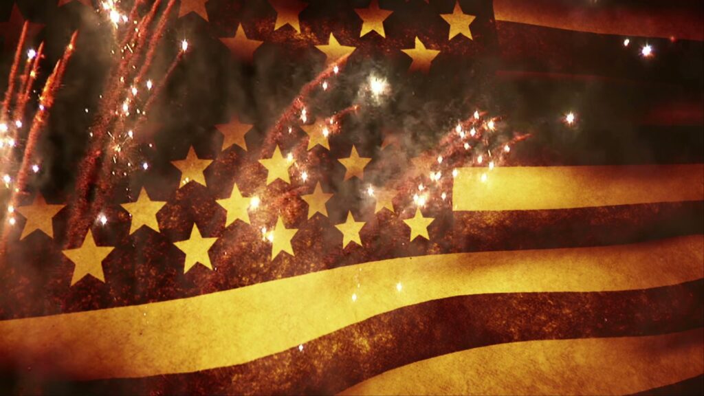 A dramatic video loop blend of the American flag and fireworks, symbolizing patriotic celebration.