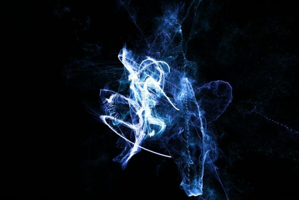 Abstract art video loop featuring swirling blue and white light against a dark background, creating an ethereal and dynamic visual experience reminiscent of smoke or electric currents.