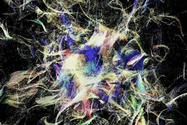 A vibrant burst of colorful lines explodes energetically from a glowing center on black background.