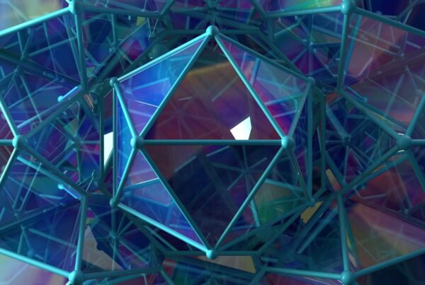 An animation loop of a complex 3D geometric structure featuring an iridescent blue icosahedron surrounded by interconnected lines, set against a colorful abstract background.
