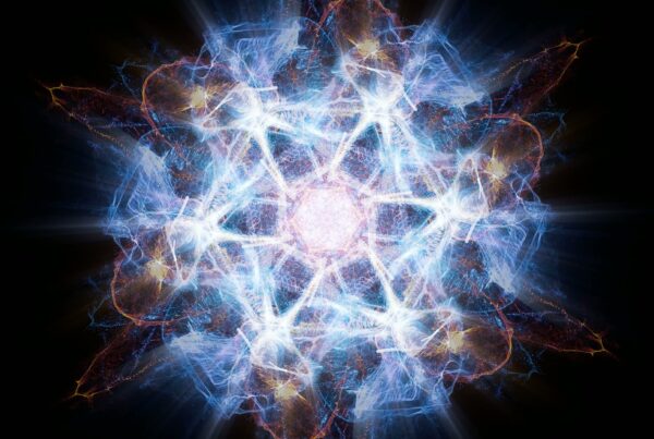 A vibrant 4K fractal video loop depicting a cosmic energy burst with intricate blue and white patterns.