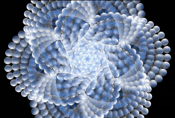 Abstract looping video of a geometric animation of shiny blue and white spheres animating in layered spirals, set against a dark background for striking contrast and visual depth.