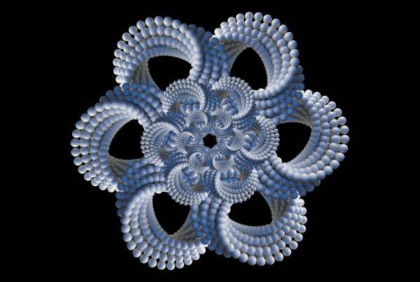 Fractal design with intricate blue spheres against a black background.