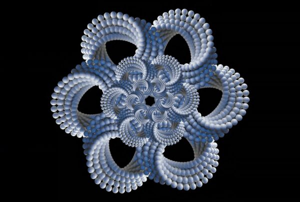 Intricate 3D fractal design featuring interconnected spherical patterns on a black background, creating a symmetrical and floral geometric 3D animation loop.