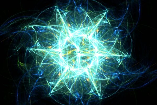 Intricate luminous sacred geometry star pattern with vibrant shades of blue, green, and orange on a dark background, creating a mesmerizing fractal-like appearance.