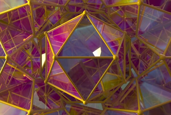 Abstract 4K video loop of rotating geometric shapes with vibrant colors featuring polyhedral structures and a futuristic design in purple and yellow hues.