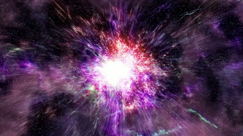 This video animation loop is a vivid depiction of an explosive event in outer space, resembling a supernova or a cosmic explosion.