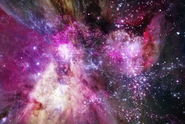 4K Space journey to a vivid nebula with sparkling stars scattered across the deep-space vista, showcasing interstellar gas and cosmic dust in vibrant pink and purple hues.