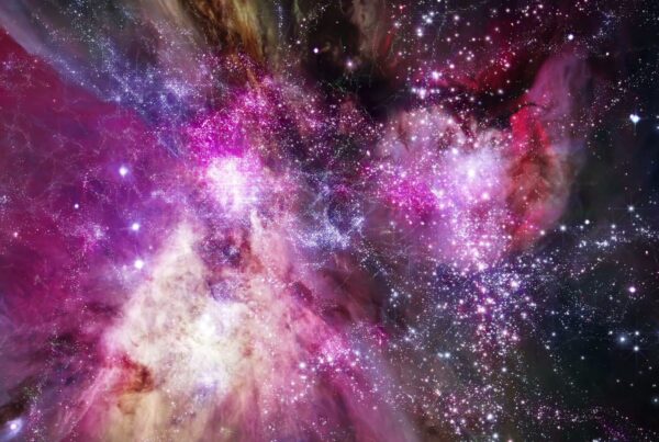 Colorful cosmic nebula animation with bright pink, purple, and white hues, showcasing numerous stars and swirling gasses in a vibrant, ethereal outer space journey.