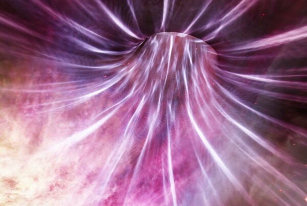 Abstract cosmic video loop featuring a swirling vortex of pink and purple colors, resembling a gateway in space with radiant light streaks and scattered star-like dots.