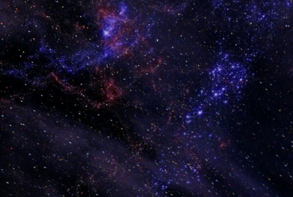A 4K video loop animation of a stunning, star-filled deep space journey with vibrant blues, purples, and reds showcasing cosmic clouds and nebulae.