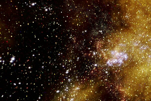 Golden galaxy cluster with bright stars shining amidst cosmic dust in space, creating a stunning celestial 4K space journey.