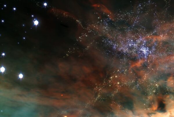A stunning 4K video loop journey through a star cluster with bright stars and colorful interstellar clouds in deep space.