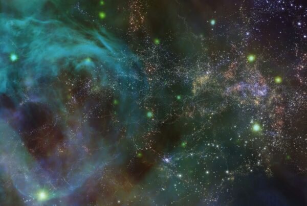 Vibrant video loop through a cosmic landscape depicting swirling clouds of gas and dust illuminated by countless stars against a dark universe backdrop.