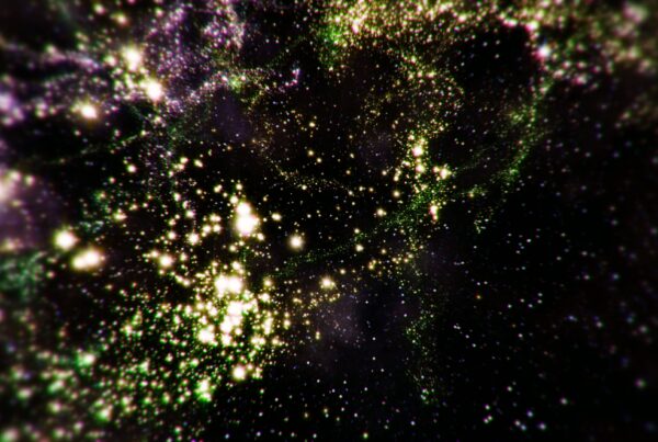 4K video loop of a celestial journey showcasing a dense cluster of stars against a dark void, with hints of green and purple hues.
