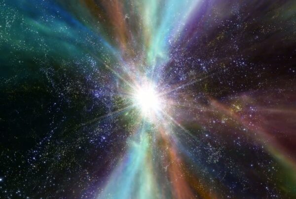 A vibrant cosmic video loop depicting an explosion of light and color in space, reminiscent of the Big Bang, with stars scattered across a dark background.