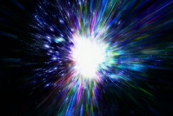 A dynamic cosmic explosion depicting a vibrant burst of light and color in space, surrounded by distant stars against a dark background, depicting the power and mystery of the universe.