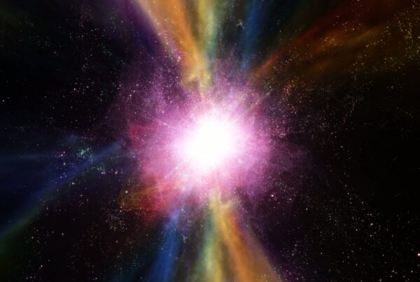 A vibrant 4K video loop of a cosmic explosion with colorful rays illuminating space.