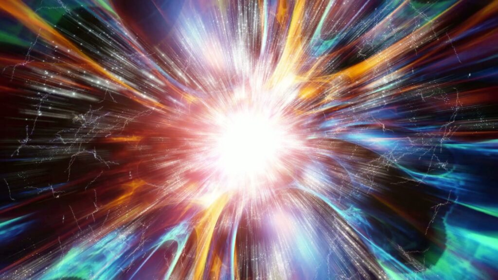 Looping video animation of a vibrant cosmic explosion depicting the Big Bang, with radiant colors of blue, orange, and red radiating from a bright white core, symbolizing energy and creation in the universe.