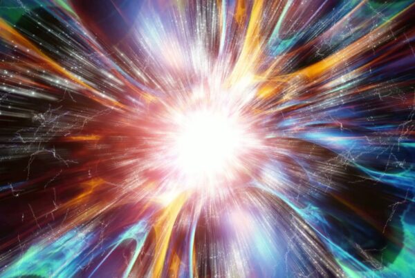 Looping video animation of a vibrant cosmic explosion depicting the Big Bang, with radiant colors of blue, orange, and red radiating from a bright white core, symbolizing energy and creation in the universe.
