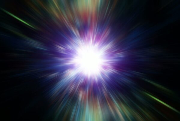 HD video loop of a vibrant cosmic light burst with dynamic rays of blue, purple, and green emanating from a bright central explosion against a dark background, resembling a celestial event.