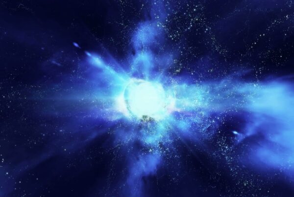 Stunning video loop of a cosmic explosion with radiant blue and white light amid a star-filled universe background, showcasing the beauty and mystery of space phenomena.
