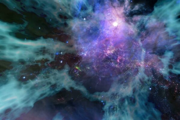 A vibrant cosmic nebula video loop showcasing a blend of purple, blue, and green hues with a radiant star, surrounded by wispy clouds and distant stars, highlighting the beauty and mystery of the universe.