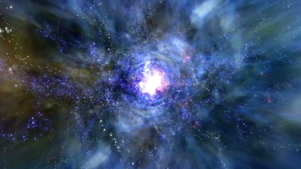 A vibrant cosmic looping video showing a bright galactic core amidst swirling blue and purple nebulae, surrounded by countless stars in the vast universe.