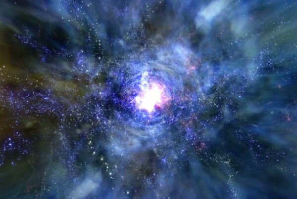 A vibrant cosmic looping video showing a bright galactic core amidst swirling blue and purple nebulae, surrounded by countless stars in the vast universe.