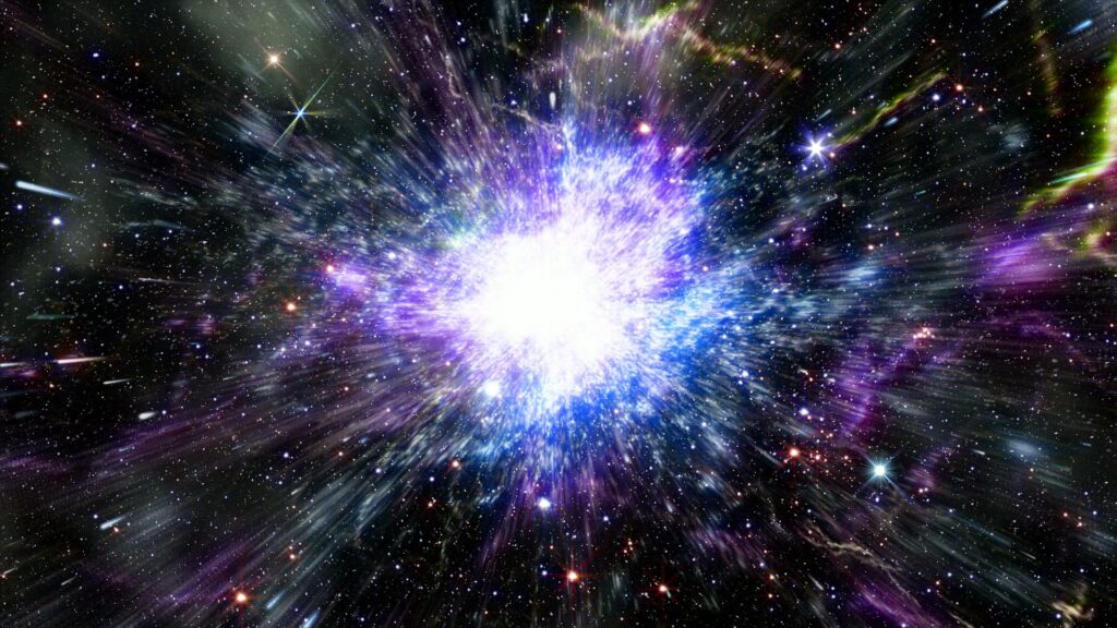 A stunning looping video of a cosmic explosion in a distant galaxy, showcasing a vibrant burst of light and energy against a backdrop of stars and colorful nebulae, showing the beauty and vastness of the universe.