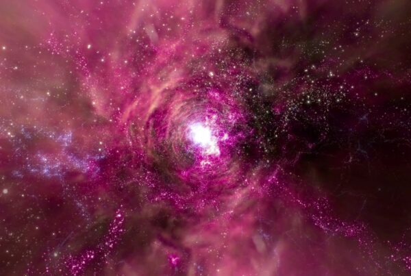 A video loop journey through vibrant pink and purple nebula swirls with a briht, luminous core in space, surrounded by scattered stars, showing the beauty and wonder of the cosmos.