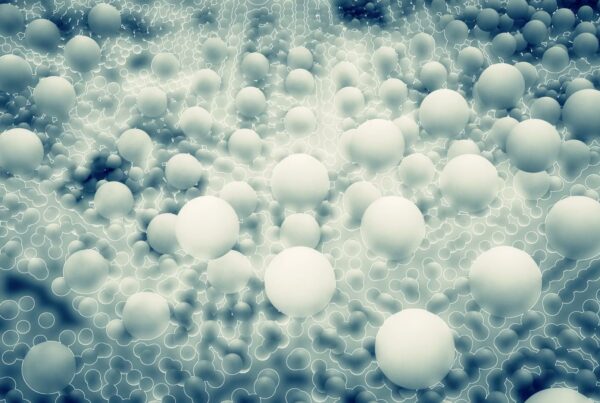 Abstract video loop of translucent spheres interconnected by intricate patterns in a light blue ethereal environment, evoking a sense of futuristic molecular structures.