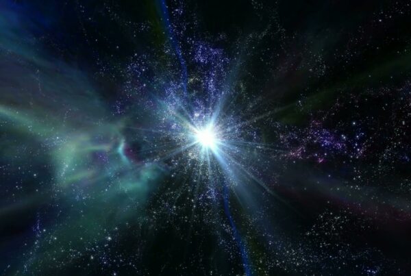 A vibrant cosmic 3D animation loop featuring a radiant explosion of light in outer space, surrounded by stars and colorful nebulae, showing the vastness and beauty of the universe.