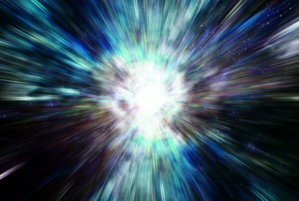 A vibrant 3D animation loop cosmic explosion with bright white light at the center, surrounded by beams of blue, green, and purple, against a starry dark background, evoking intensity and energy in space.
