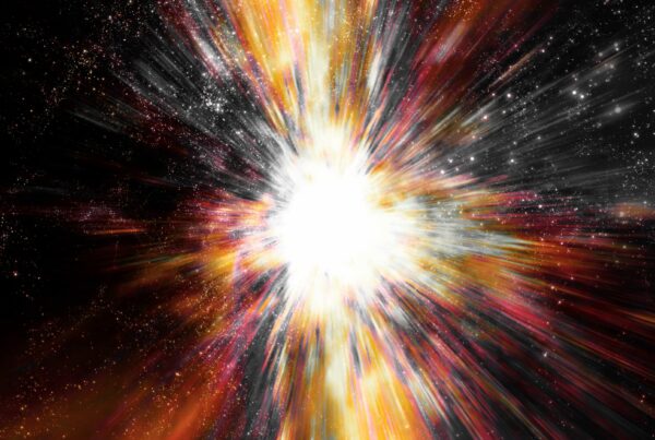 A dazzling starburst radiates golden-orange rays against deep cosmos filled with twinkling stars.