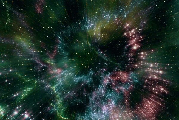 Vibrant cosmic space scene with colorful stars and light streaks, depicting a dynamic journey through a galaxy.