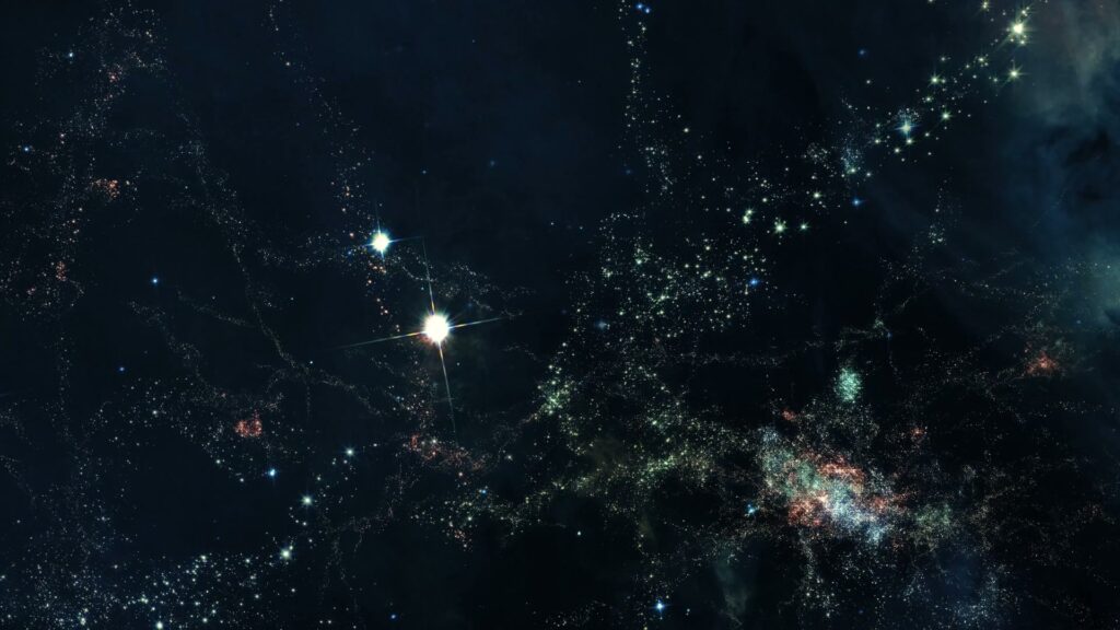 A breathtaking animation loop of a star-filled night sky showing a vast galaxy with two bright stars at the center, surrounded by constellations and nebulae in shades of pink and green.